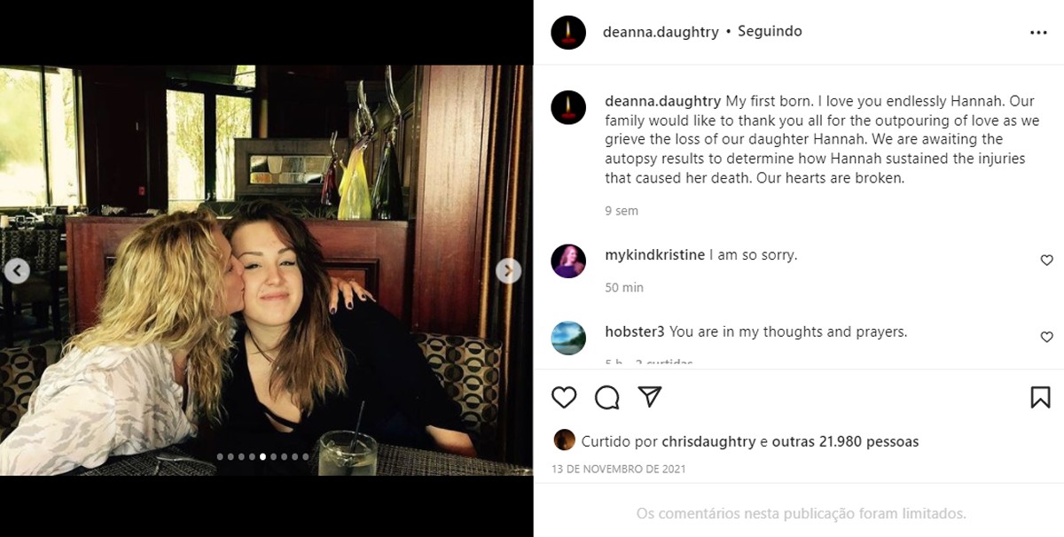 Deanna Daughtry lamenta a morte da filha mais velha, Hannah (Foto: Reprodução/Instagram)