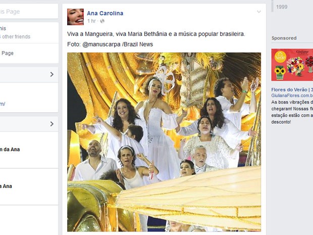Ana Carolina comemora vitória da Mangueira. (Foto: Reprodução/Facebook)