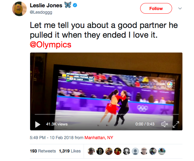 O elogio feito pela atriz Leslie Jones à patinadora coreana Yura Min e ao parceiro da atleta (Foto: Twitter)