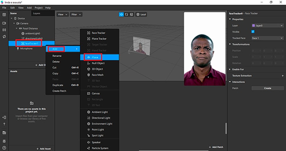 Insira a ferramenta "plane" abaixo da opção FaceTracker — Foto: Reprodução/Caroline Doms