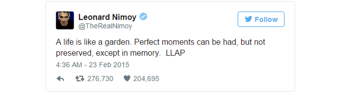 Mensagem de Nimoy emocionou fãs e foi uma das mais retuítadas (Foto: Reprodução/Twitter)