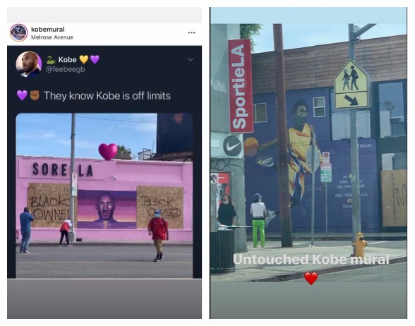 Dois dos posts compartilhados por Vanessa Bryant, viúva do ex-jogador de basquete Kobe Bryant (1978-2020), mostra um dos murais de Los Angeles em homenagem a ele e à filha intactos em meio aos protestos pelo assassinato de George Floyd (Foto: Instagram)