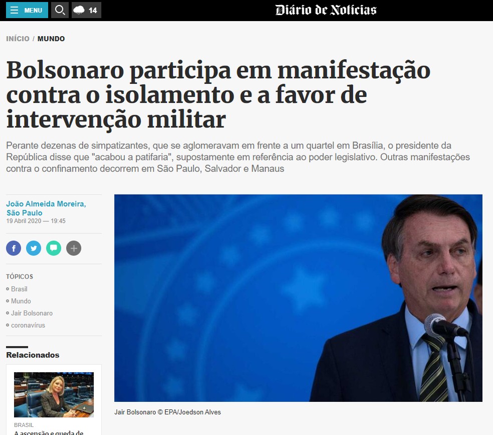 Diário de Notícias (Portugal): Bolsonaro participa em manifestação contra o isolamento e a favor de intervenção militar — Foto: Reprodução/Diário de Notícias