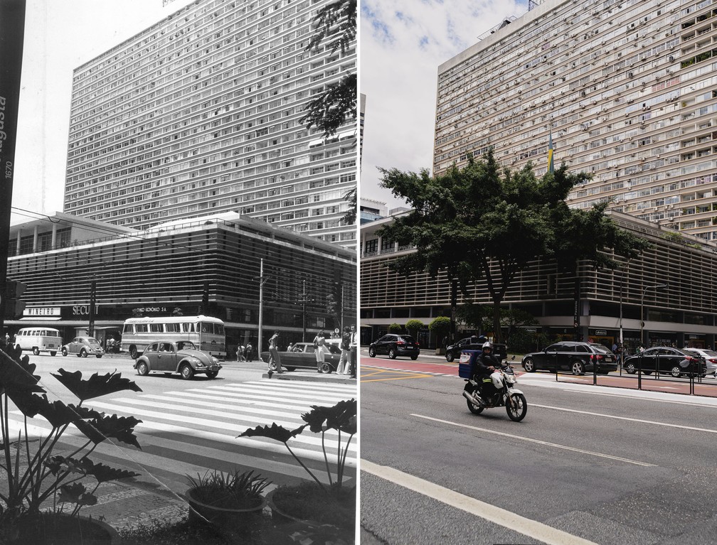 O Conjunto Nacional, na Avenida Paulista, é visto em combinação de fotos em dois momentos: janeiro de 1975 e dezembro de 2021  — Foto: Sergio Araki/Estadão Conteúdo/Arquivo; Marcelo Brandt/g1