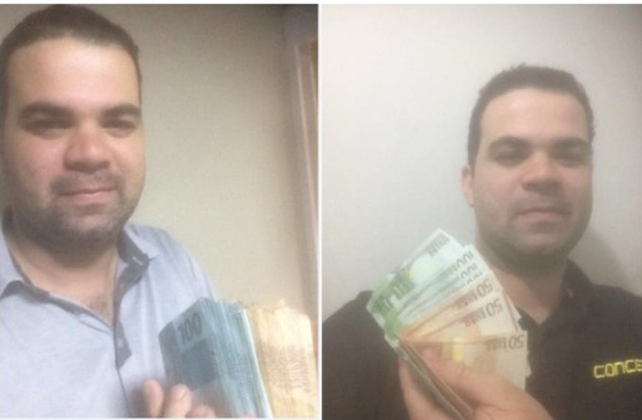 Davi dos Santos ostenta maços de dinheiro, incluindo notas de euros, em material obtido pela PF