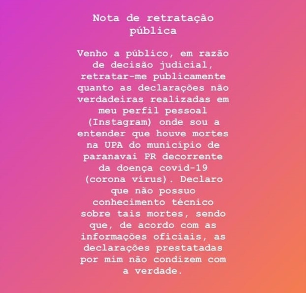 Mulher postou retratação nas redes sociais sobre mortes na UPA de Paranavaí  — Foto: Reprodução/RPC Noroeste