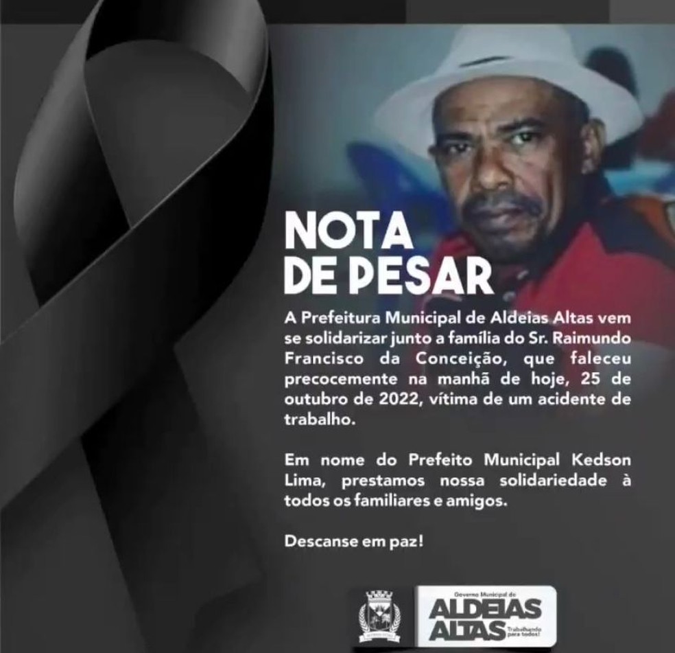 Nota de pesar da Prefeitura de Aldeias Altas — Foto: Reprodução/ Instagram