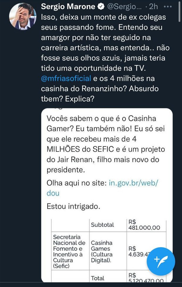 Sergio Marone alfineta Mario Frias após secretário criticar projeto de lei Paulo Gustavo (Foto: Reprodução/Twitter)