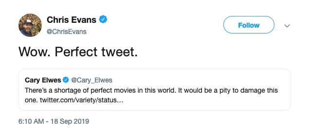 O tuíte do ator Chris Evans expondo sua repulsa ao boato sobre a produção de um remake de A Princesa Prometida (1987) (Foto: Twitter)