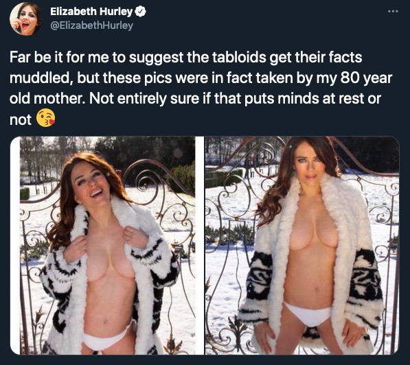 O post da atriz Elizabeth Hurley creditando à mãe dela de 80 anos as fotos sexy que ela compartilhou nas redes sociais (Foto: Twitter)