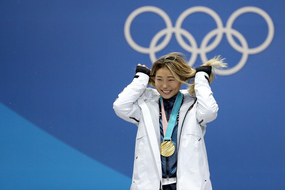 Chloe Kim campeã olímpica do snowboard halfpipe PyeongChang — Foto: Sean M. Haffey/Getty Images