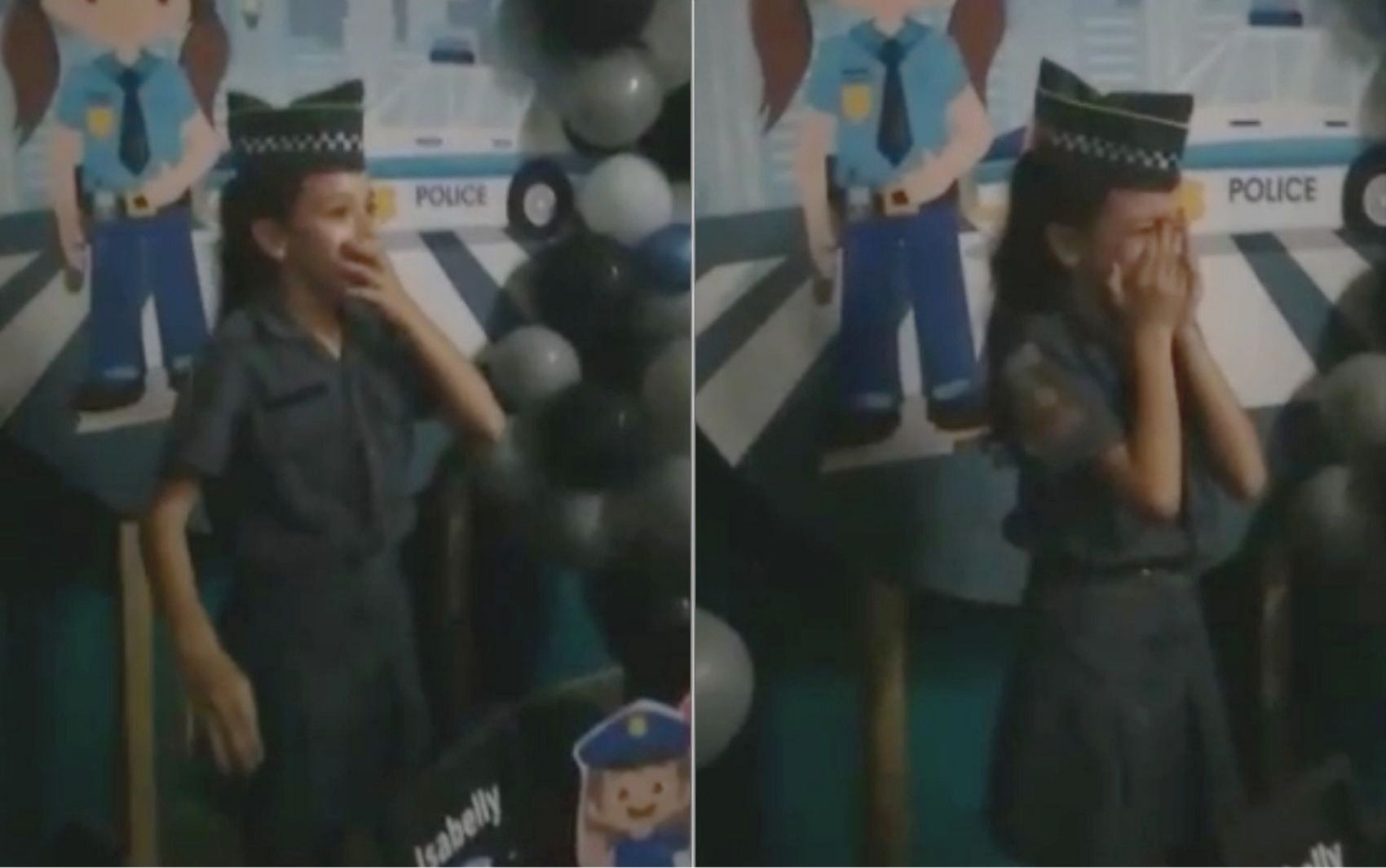 Menina de 9 anos se emociona ao receber visita de policiais durante festa de aniversário em Franca; VÍDEO 