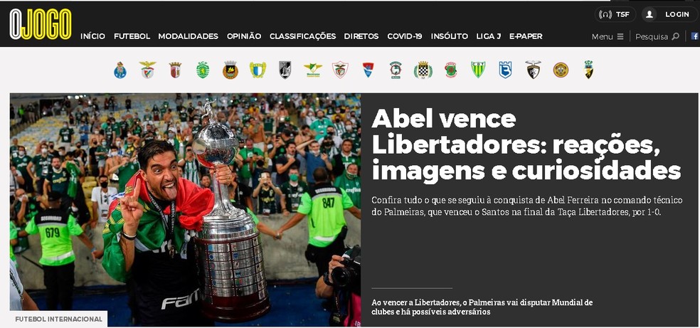 Jornal português "O Jogo": Abel vence Libertadores — Foto: Reprodução/O Jogo
