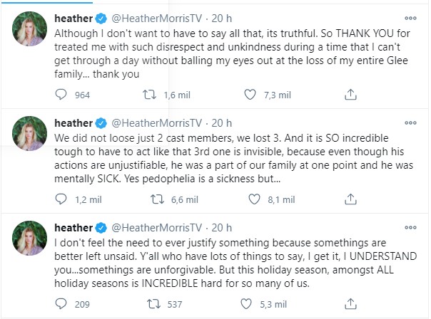 Heather Morris desabafa em seu perfil no Twitter (Foto: Reprodução/Twitter)