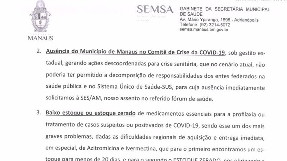 Em ofÃ­cio enviado em 14 de janeiro ao MinistÃ©rio da SaÃºde, Secretaria de SaÃºde de Manaus diz que ivermectina e azitromicina sÃ£o "medicamentos essenciais" para tratar covid-19 â Foto: ReproduÃ§Ã£o