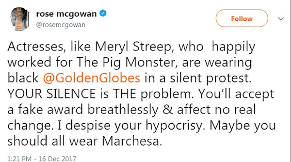 A mensagem na qual Rose McGowan criticou Meryl Steep (Foto: Twitter)