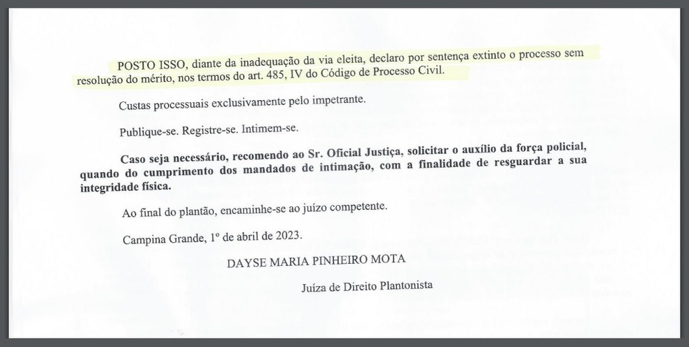 Decisão do Tribunal de Justiça da Paraíba sobre o pedido de Mandado de Segurança do Treze — Foto: Divulgação / TJPB
