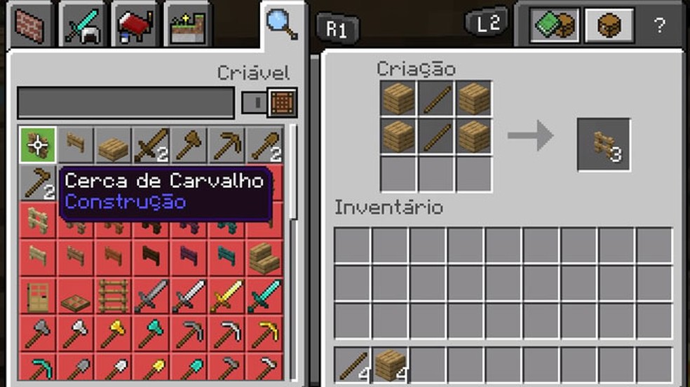 Utilize 4 blocos de Madeira e 2 Gravetos em uma Bancada em Minecraft para criar 3 Cercas — Foto: Reprodução/Rafael Monteiro