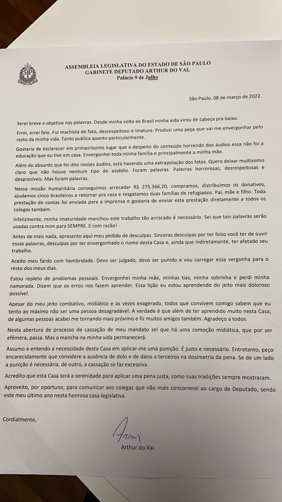 Carta encaminhada por Arthur do Val para parlamentares. — Foto: Reprodução