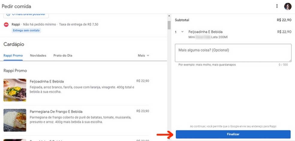 Conclusão do pedido de comida através do Google Maps para computador — Foto: Reprodução/Raquel Freire