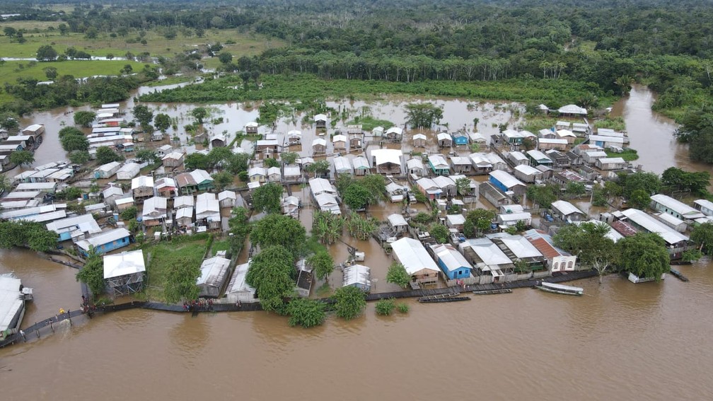 Cheia de 2022 em  Eirunepé, interior do Amazonas. O município está em situação de emergência.  — Foto: Secom 