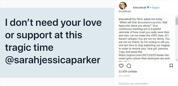 Kim Cattrall rebate Sarah Jessica Parker nas redes sociais (Foto: Reprodução/Instagram)