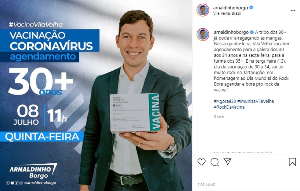 Em publicação feita em seu perfil no Instagram, prefeito Arnaldinho Borgo divulga informações sobre agendamento de vacinaçãov — Foto: Reprodução/Instagram