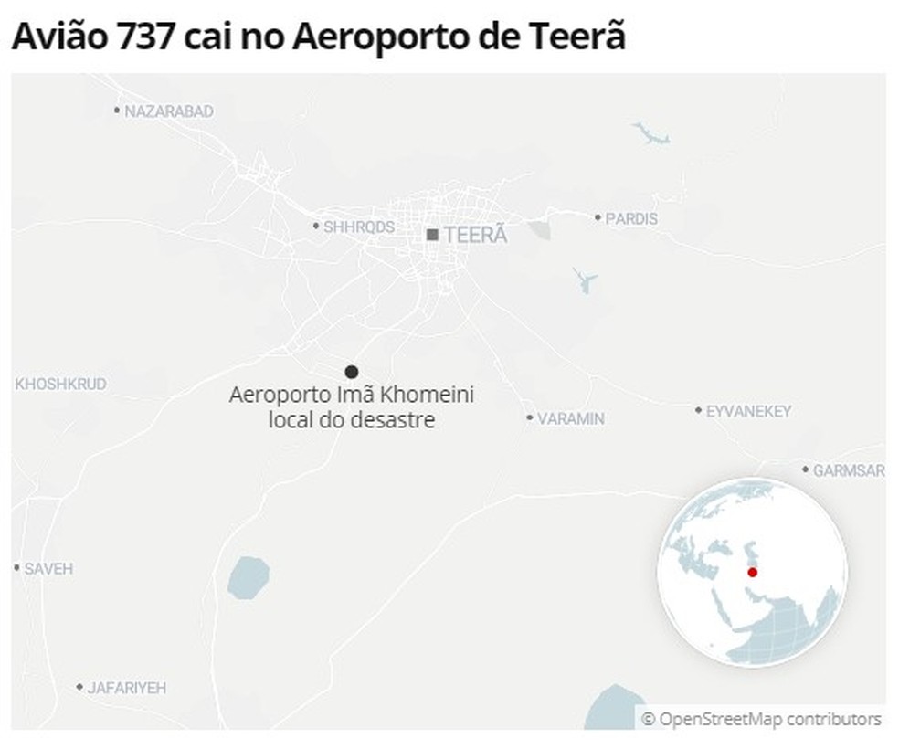 Mapa mostra local do desastre com avião ucraniano perto de Teerã — Foto: G1 