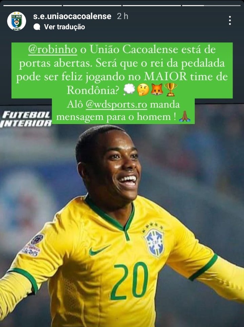 União Cacoalense cava por Robinho — Foto: Redes Sociais