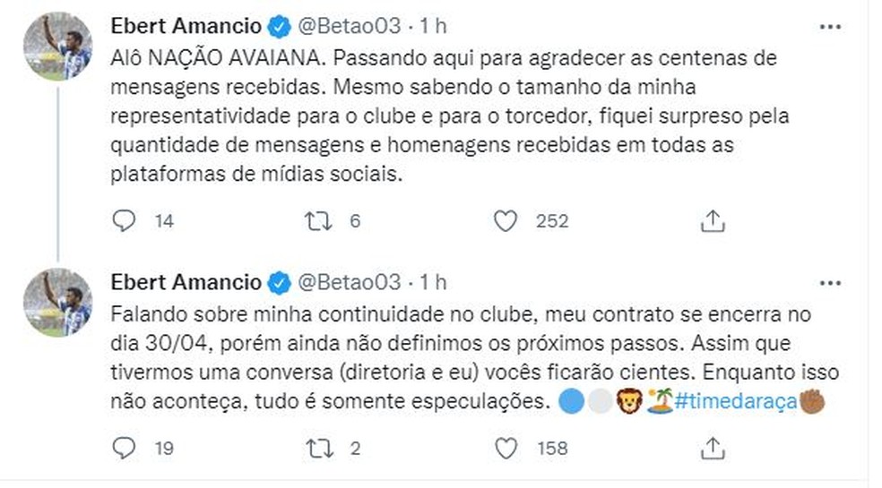 Betão encerra contrato com Avaí em abril — Foto: Reprodução/Twitter