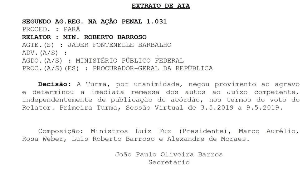 Decisão da 1ª Turma do Supremo Tribunal Federal diz que solicitantes não eram alvo da ação. — Foto: Divulgação 