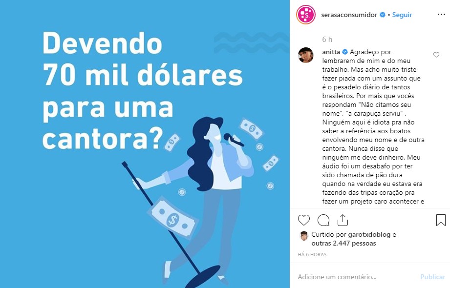Anitta responde publicação nas redes sociais do Serasa Consumidor (Foto: Reprodução / Instagram)