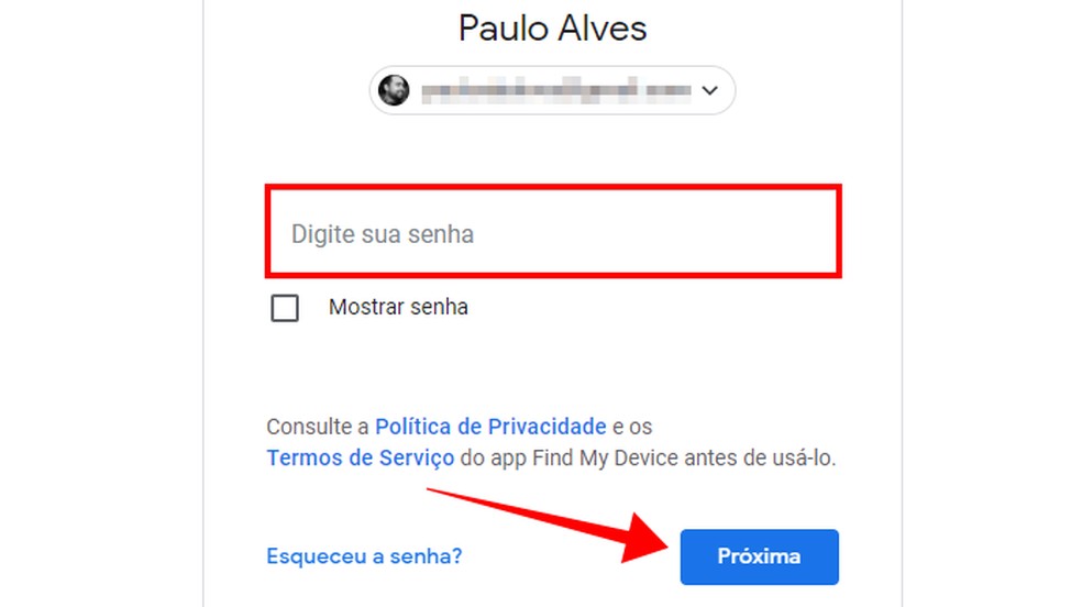 Digite a senha da conta Google — Foto: Reprodução/Paulo Alves