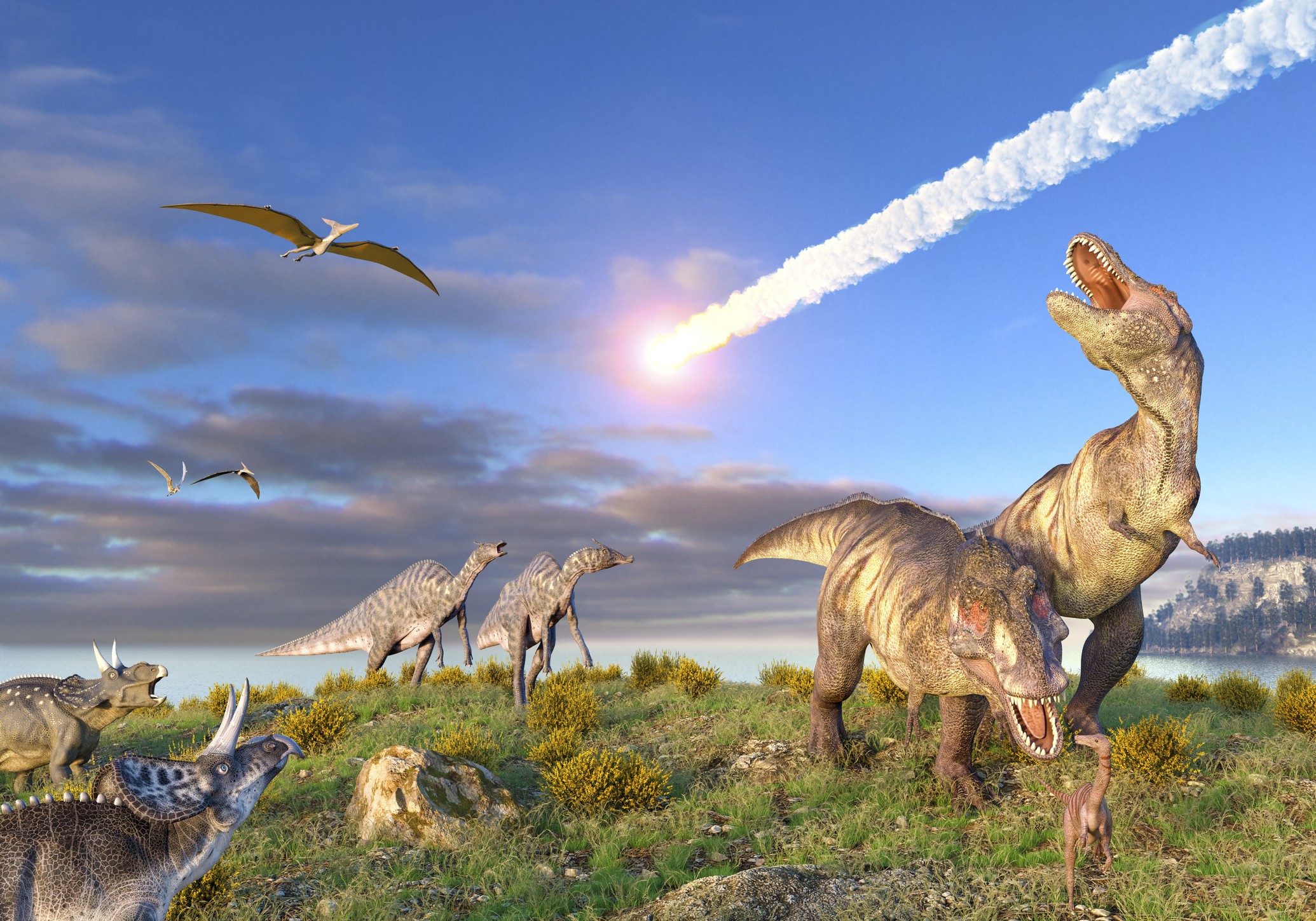 Illustration of the K T Event at the end of the Cretaceous Period. A ten-kilometre-wide asteroid or comet is entering the Earths atmosphere as dinosaurs, including T. rex, look on. (Foto: Getty Images/Science Photo Libra)