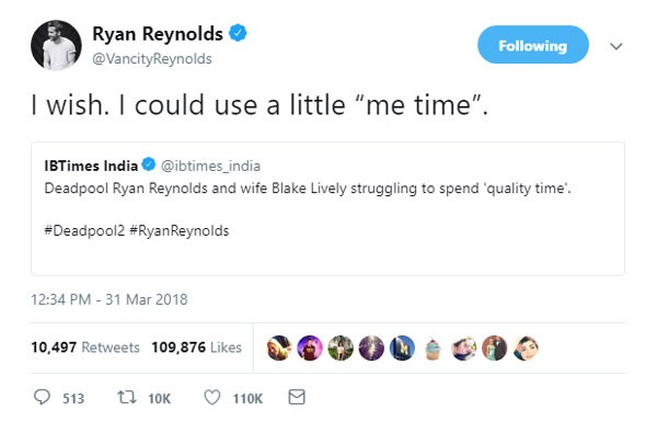 Ryan Reynolds respode de forma humorada os rumores sobre o fim de seu casamento com Blake Lively (Foto: Reprodução/Twitter)
