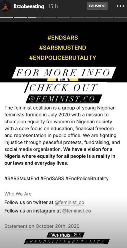 Lizzo se manifesta a favor dos protestos na Nigéria (Foto: Reprodução / Instagram)