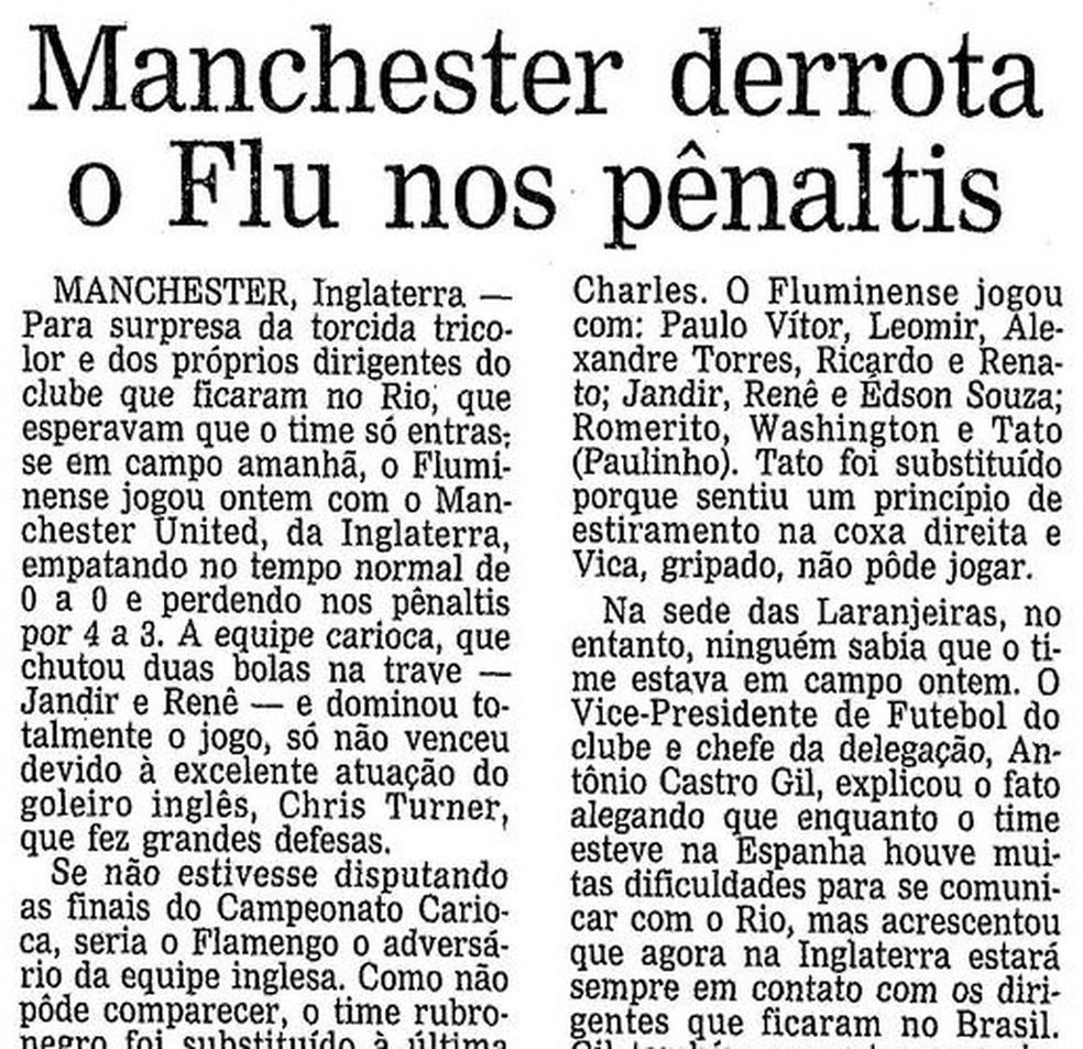 Flu também perdeu do Manchester United nos pênaltis em 1986 — Foto: Reprodução / O Globo