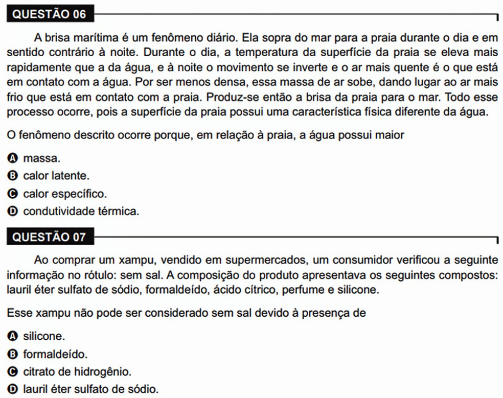 Questões da prova de ciências da natureza do Encceja 2017 (as respostas corretas, segundo o gabarito do Inep, são C e D, respectivamente)  — Foto: Reprodução/Inep