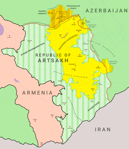 Em amarelo, a região chamada Nagorno-Karabakh. Em verde e branco, região autoproclamada República de Artsakh (ou República de Nagorno-Karabakh) (Foto: Wikimedia Commons)