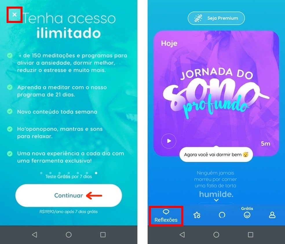 App Zen abre na aba "ReflexÃµes", que traz meditaÃ§Ã£o do dia e mensagens positivas â Foto: ReproduÃ§Ã£o/Raquel Freire