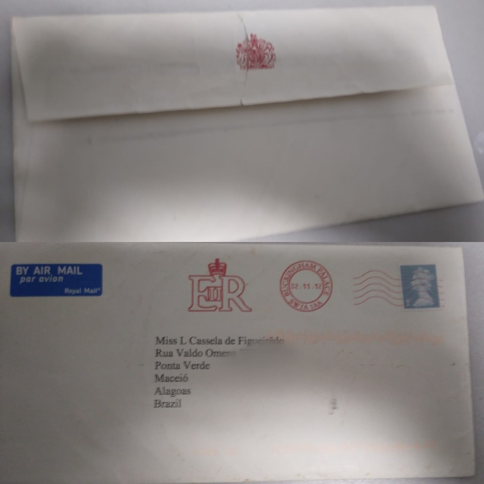 Envelope da carta que a alagoana Luciane Figueirêdo recebeu do Palácio de de Buckingham em nome da rainha Elisabeth II, em 2012 — Foto: Roberta Batista/g1