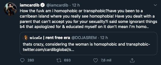 Tuíte da cantora Cardi B se defendendo de acusações de homofobia e transfobia (Foto: Twitter)