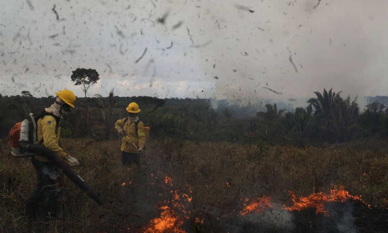 Membros da brigada de incêndio do Instituto Brasileiro do Meio Ambiente e dos Recursos Naturais Renováveis (IBAMA) tentam controlar pontos quentes durante um incêndio na floresta amazônica do Brasil, em Apui, estado do Amazonas — Foto: BRUNO KELLY / REUTERS