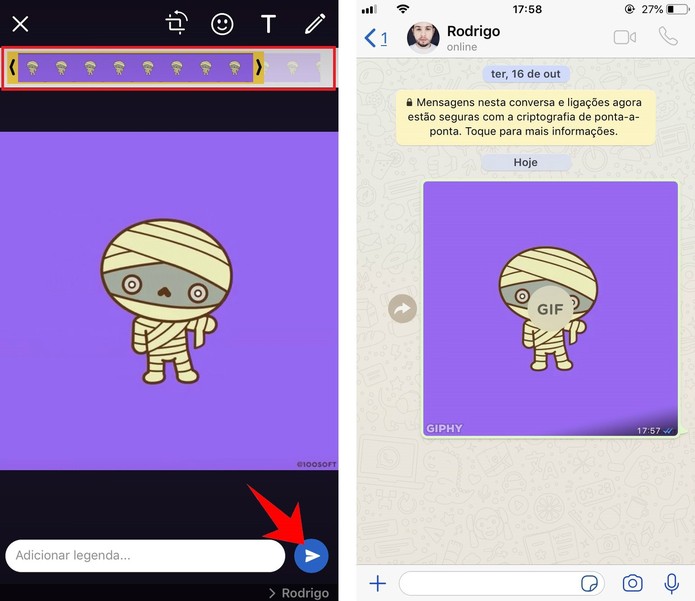 É possível cortar o GIF e inserir uma legenda antes de enviá-lo no WhatsApp (Foto: Reprodução/Rodrigo Fernandes) É possível cortar o GIF e inserir uma legenda antes de enviá-lo no WhatsApp (Foto: Reprodução/Rodrigo Fernandes)