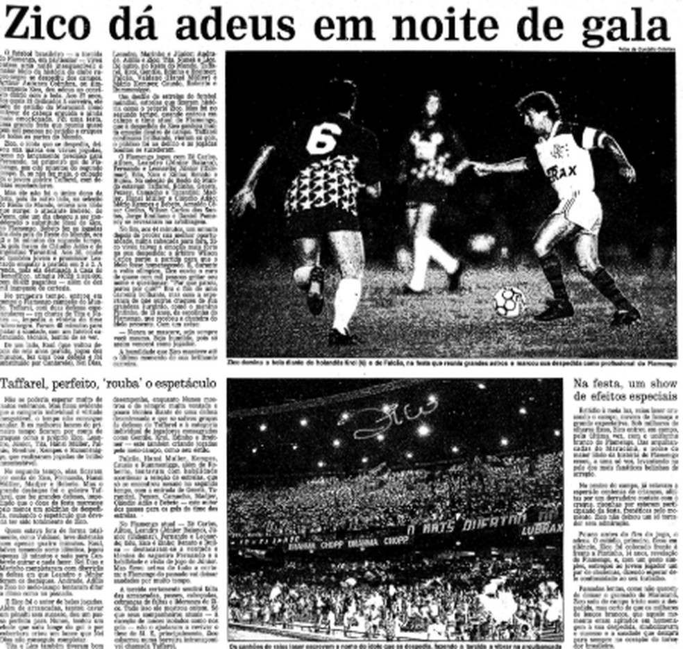 Jornal o Globo destacou a despedida do Galinho em 1990 — Foto: Reprodução