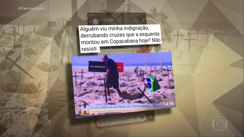 Mensagem em grupo de Whatsapp é atribuída a homem que derrubou cruzes em Copacabana — Foto: Reprodução/TV Globo