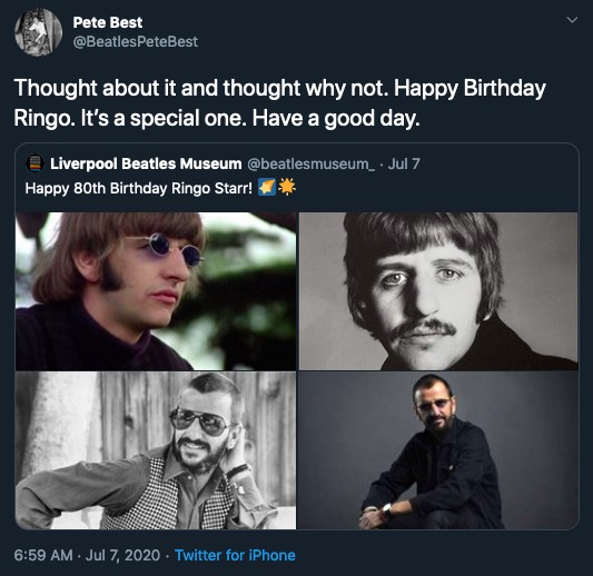 Os parabéns de Pete Best, primeiro baterista dos Beatles, para Ringo Starr, seu substituto (Foto: Twitter)