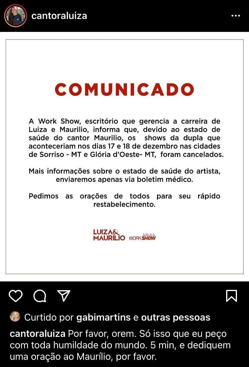 Luíza pede orações para Maurílio nas redes sociais (Foto: Reprodução / Instagram)