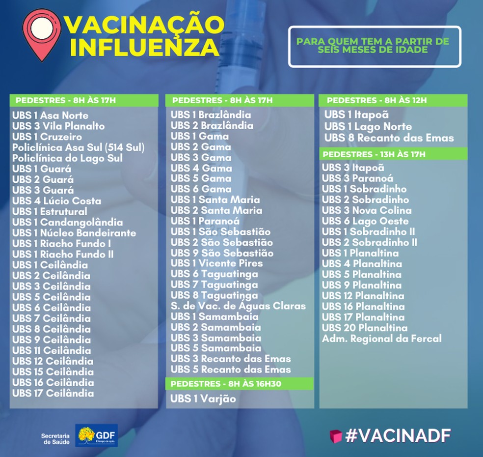 Pontos de vacinação contra Covid-19 e gripe nesta terça-feira (28)  — Foto: SES-DF/Reprodução