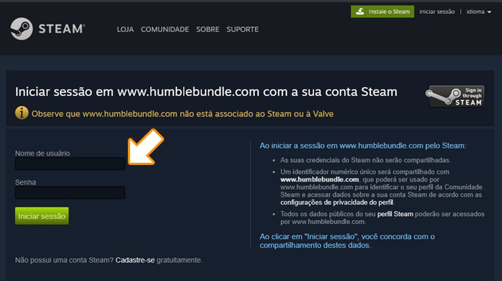 Faça seu login no Steam para confirmar a ligação entre a Humble Store e a loja da Valve — Foto: Reprodução/Rafael Monteiro